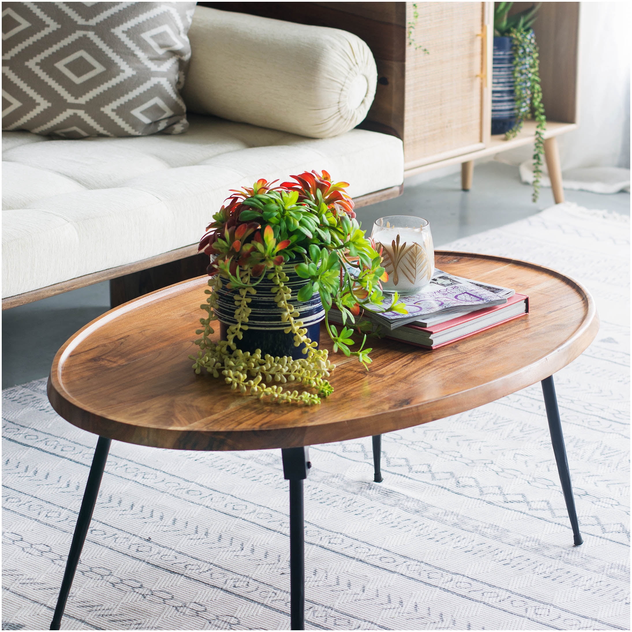Brown Acacia Wood Oval Coffee Table with Iron Base, Modern Living Room ...