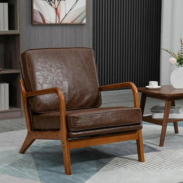 Brown Accent Chair for Living Room | PU Leather, Wooden Frame | Mid-Century Modern, Upholstered, Lounge