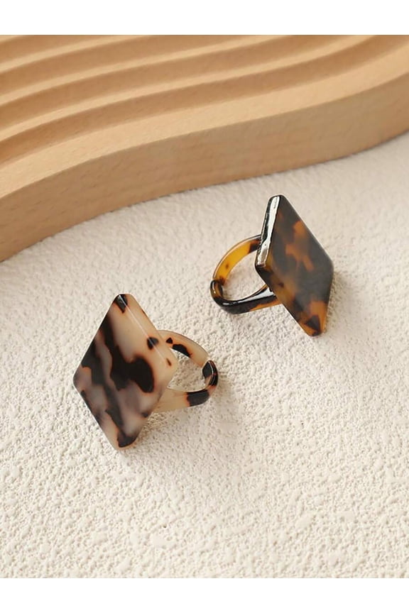 Brown Acrylic Tortoise Shell Pattern Wide Face Vintage Square Ring Set Of 2