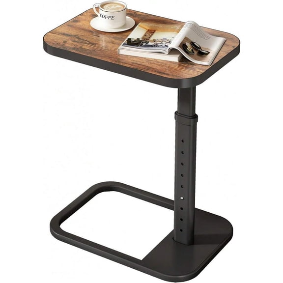 Brown Adjustable Height C-Shaped End Table, 9-Level Side Table With Wood-Grain Top & Metal Frame For Sofa, Bedside, Or Small Space Use