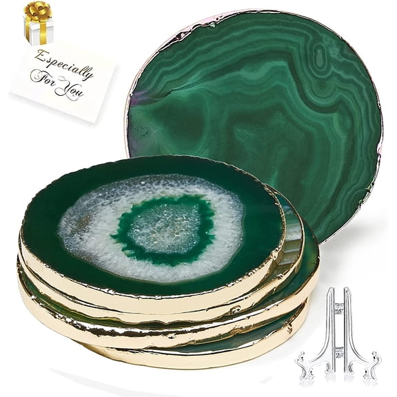 Brown Agate Set of 4,Gem Stone Coasters With Gold Rim, Coasters Slice With Rubber Bumpers For Home Decoration, For Coffee Table