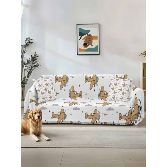 Brown Airplane Couch Cover, Modern Abstract Art Cartoon Clouds Sofa Cover Blanket for 1 Seat Cushion, Sectional Sofa Slipcover Furniture Protector for Living Room Bedroom 71''x91''