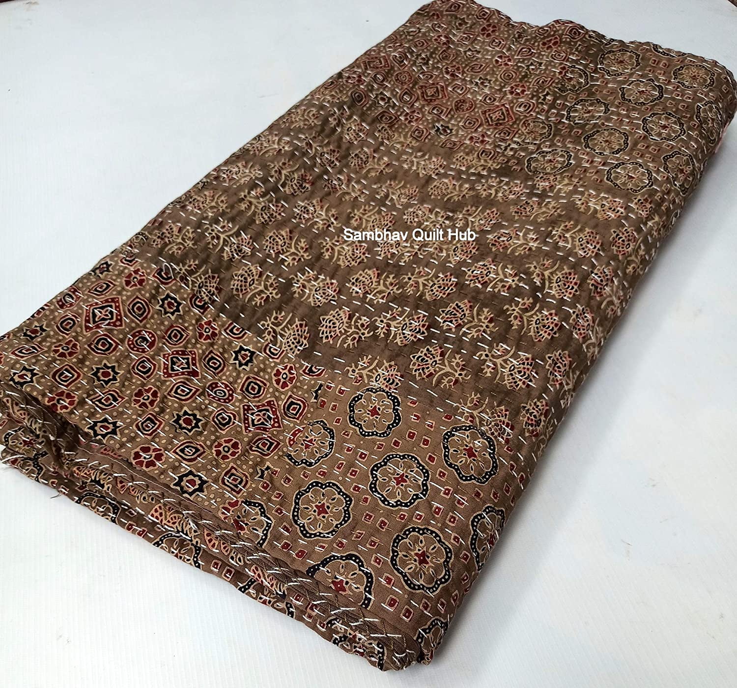 Brown Ajrakh Hippie Queen Kantha Quilt Handmade Bohemain Bedspread King Size Vegetable Dye