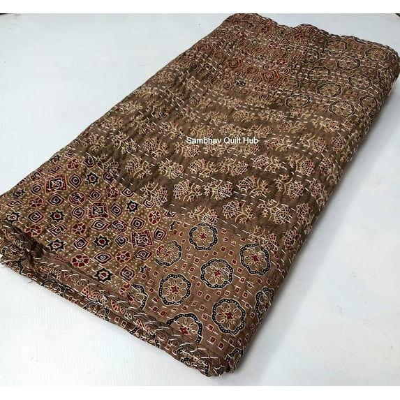 Brown Ajrakh Hippie Queen Kantha Quilt Handmade Bohemain Bedspread King Size Vegetable Dye Kantha Blanket Bedcover Boho Quilting Indigo Print Ajrakh Cotton Kantha Quilt
