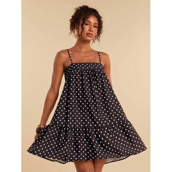 Brown All-Over Polka Dot Spaghetti Strap Tiered Mini Sundress For Women, Boho Vacation Dress