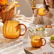 Brown Amber Glass Pumpkin Mug - 18oz Fall Coffee Tea Cup with Leaf Handle for Decor