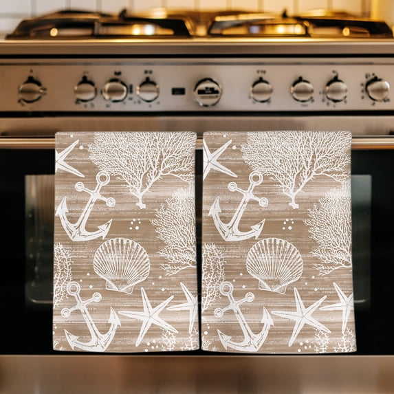 Brown Anchor Nautical Kitchen Towels Set of 1, Coastal Beach Coral Starfish Absorbent Dish Towels for Kitchen, Microfiber Hand Towel, Quick Drying Tea Towel for Cleaning Decorative Dishcloths