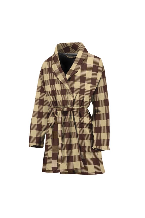 Brown And Beige Buffalo Check Women Bathrobe One Size Univeral Fits, Checkered Caro Plaid Tartan Fashion Lightweight Plush Fleece Long Robe For Women