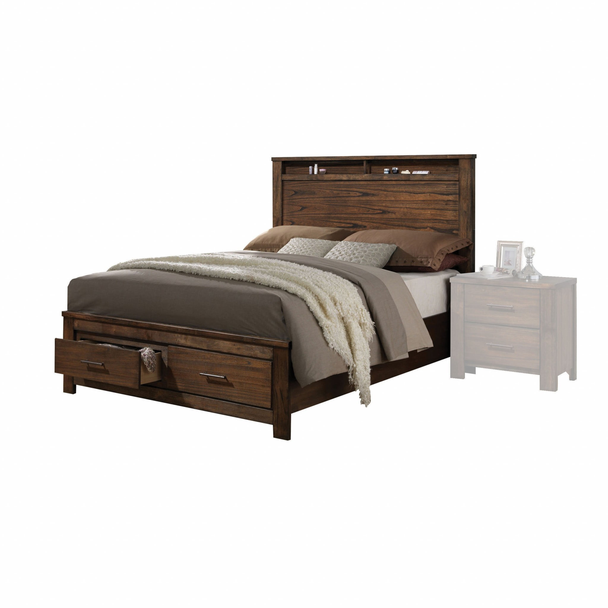 Serene Haven Oak Finish Queen Platform Bed with Bookcase Headboard