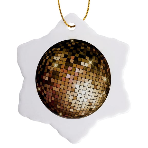 3drose, Brown and Image of Gold Disco Ball Illustration, 3 inch Snowflake Porcelain Ornament