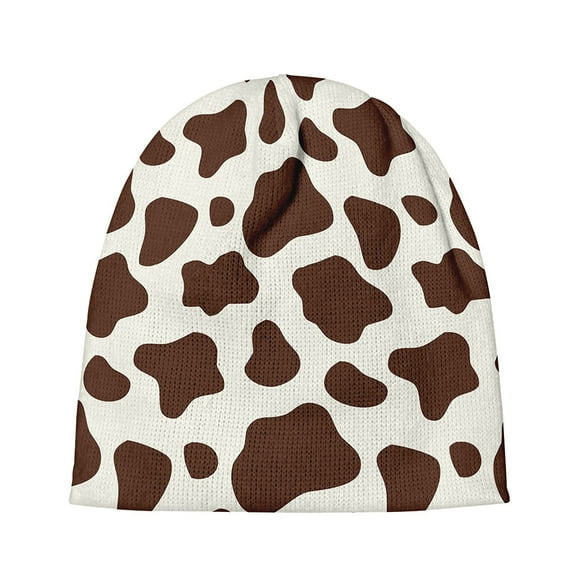 Brown And White Cow Print Beanie Hat, Cow Cattle Cuffed Beanie For Men Women