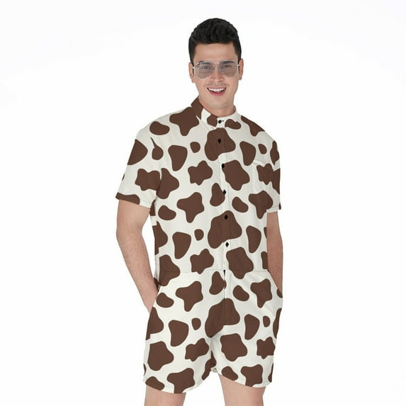 Brown And White Cow Short Sleeve Men'S Rompers, Farmer Gifts Casual Summer Jumpsuits Outfit