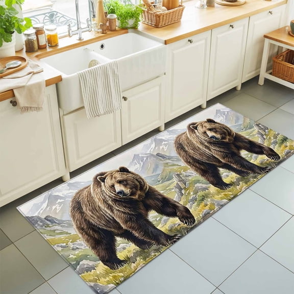 Brown Animal Grizzly Bear Rectangle Area Rug 2x6ft,Living Room Rug Non-Slip Washable Circle Rugs Pad,Mountain Peaks Soft Floor Carpet for Bedroom Dining Room