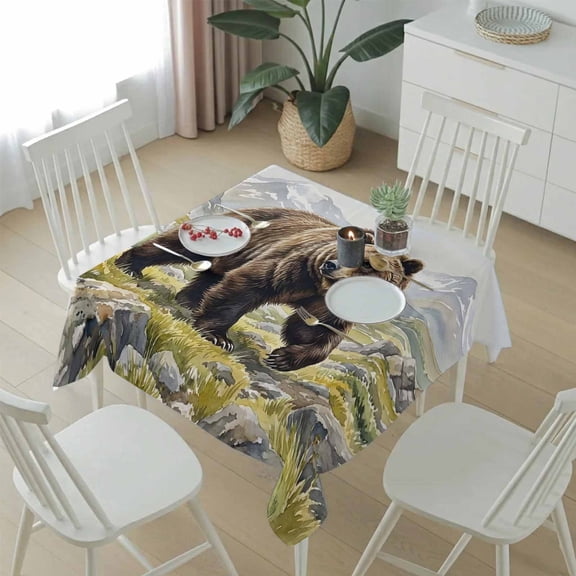 Brown Animal Grizzly Bear Table Cloth 54x54in, Waterproof Square Tablecloth Wipeable Tablecloths Mountain Peaks Table Covers for Dining Tables Party Indoor Outdoor
