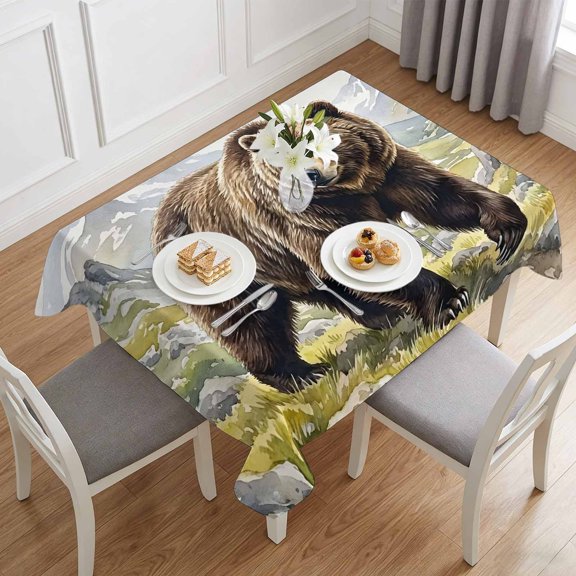 Brown Animal Grizzly Bear Table Cloth 60x84in, Waterproof Rectangle Tablecloth Wipeable Tablecloths Mountain Peaks Table Covers for Dining Tables Party Indoor Outdoor