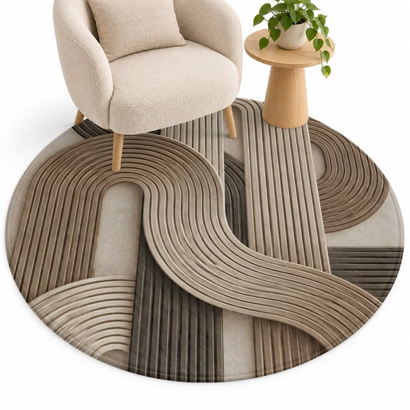 Brown Arches Round Living Room Rugs 4 ft, Abstract Minimalist Boho Raised Lines Washable Area Rug with Non-Slip Sturdy Edge Binding Round Carpet for Entryway Kitchen Bedroom Bathroom
