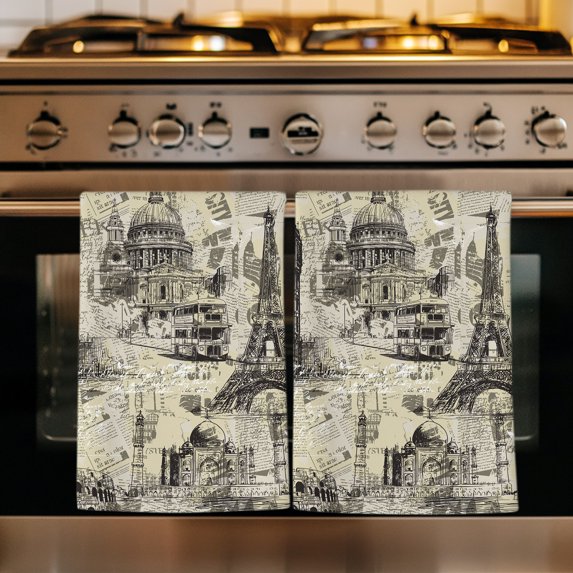 Brown Architecture Kitchen Towels Set of 4, Abstract City Vintage Eiffel Tower Absorbent Dish Towels for Kitchen, Microfiber Hand Towel, Quick Drying Tea Towel for Cleaning Decorative Dishcloths