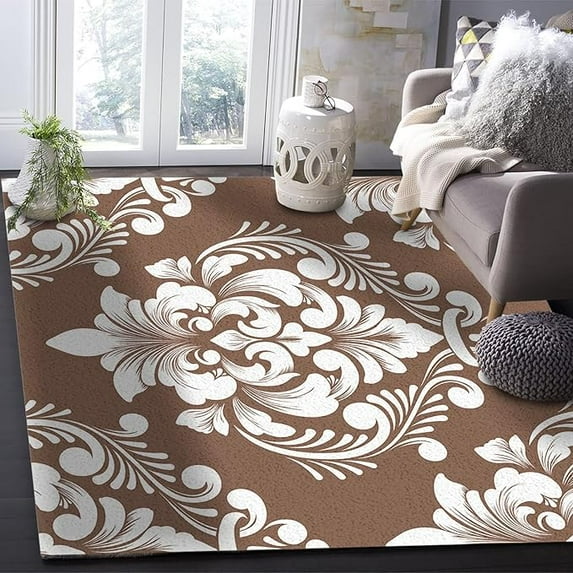 Brown Area Rug for Living Room Bedroom, Modern White Abstract Art Non-Slip Carpet, Kitchen Rugs, Vintage Floor Mat With Rubber Backing 2 x 3ft