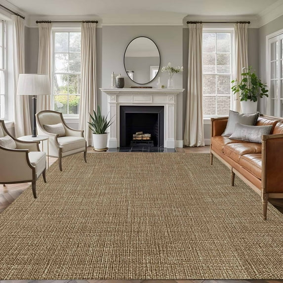 Brown Area Rugs 5x7 for Living Room, Farmhouse Burlap Solid Beige Color Modern Linen Texture Non Slip Washable Rug Runner, Low Pile Indoor Floor Carpet Mat Bathroom Rugs for Bedroom, Kids Room