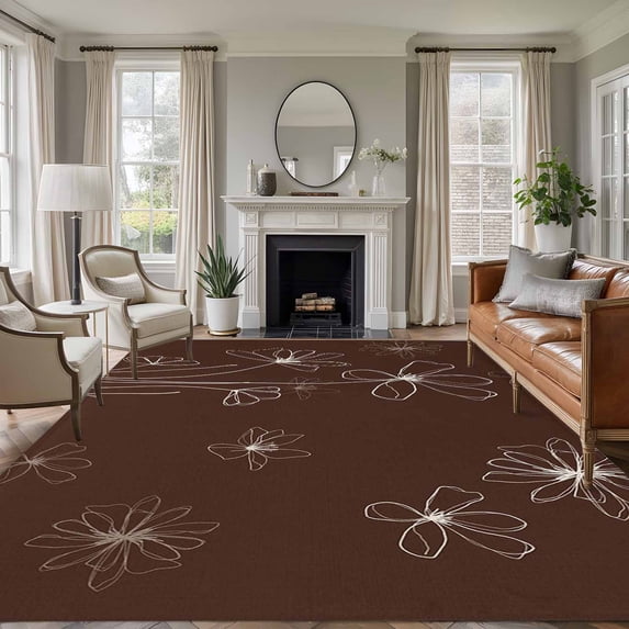Brown Area Rugs 8'x10', Washable Small Throw Rugs for Living Room Patio, Spring Flora Indoor Outdoor Rug Non-Slip Low Pile Carpet Runner Reversible Floor Mats