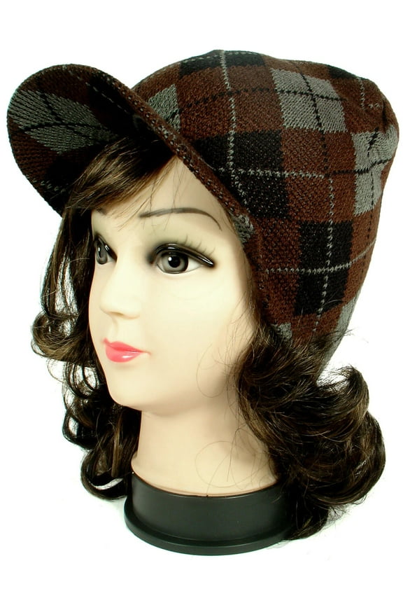 Brown Argyle Design Warm Winter Knit Crochet Braided Baggy Visor Beanie Hat