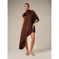 thumbnail image 1 of Brown Asymmetrical Drape Mini Dress With High Mock Neck And Short Sleeves Elegant Evening Guest Wear, 1 of 5