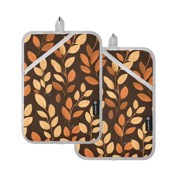 Brown Autumn Leaves Cartoon Oven Mitts Pot Holders 2 pcs Heat Resistant for Kitchen Baking Grilling