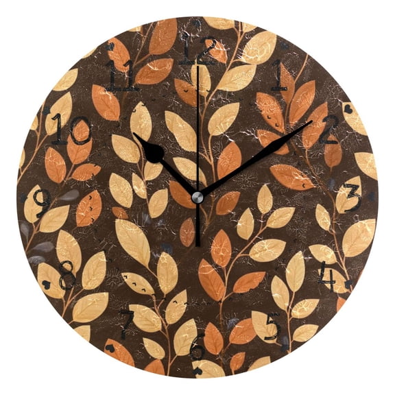 Brown Autumn Leaves Cartoon Round Wall Clock Silent Battery Operated Home Decor for Living Room Bedroom