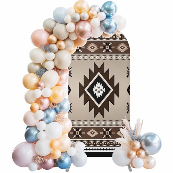 Brown Aztec Arch Backdrop Cover 7.2Ft, Wedding Arch Covers Stretchy Backdrop, Boho Southwest Ethnic Neutral Motifs Fitted 2 Sided Arched Photo Background for Birthday Party Decorations