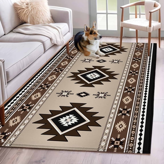 Brown Aztec Area Rug 4x6 Washable Rug Non Slip Boho Southwest Ethnic Neutral Motifs Large Area Rug Indoor Floor Carpet for Entryway Bedroom Kitchen Living Room Home Office Dining Room Nursery