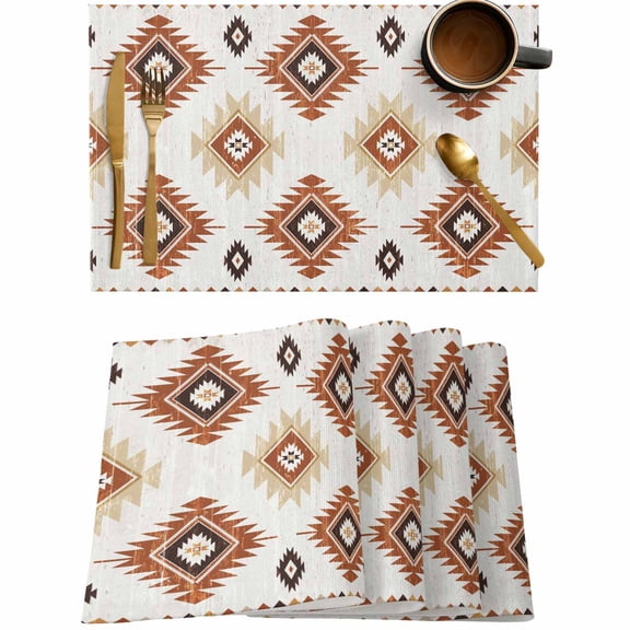 Brown Aztec Ethnic Art Placemats Set of 4,Wipeable Washable Table Mats for Dining Tables,Abstract Geometric Color Block Place Mats for Kitchen Event Party Tabletop Decor