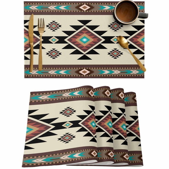 Brown Aztec Ethnic Art Placemats Set of 4,Wipeable Washable Table Mats for Dining Tables,Retro Tribal Brown Texture Place Mats for Kitchen Event Party Tabletop Decor
