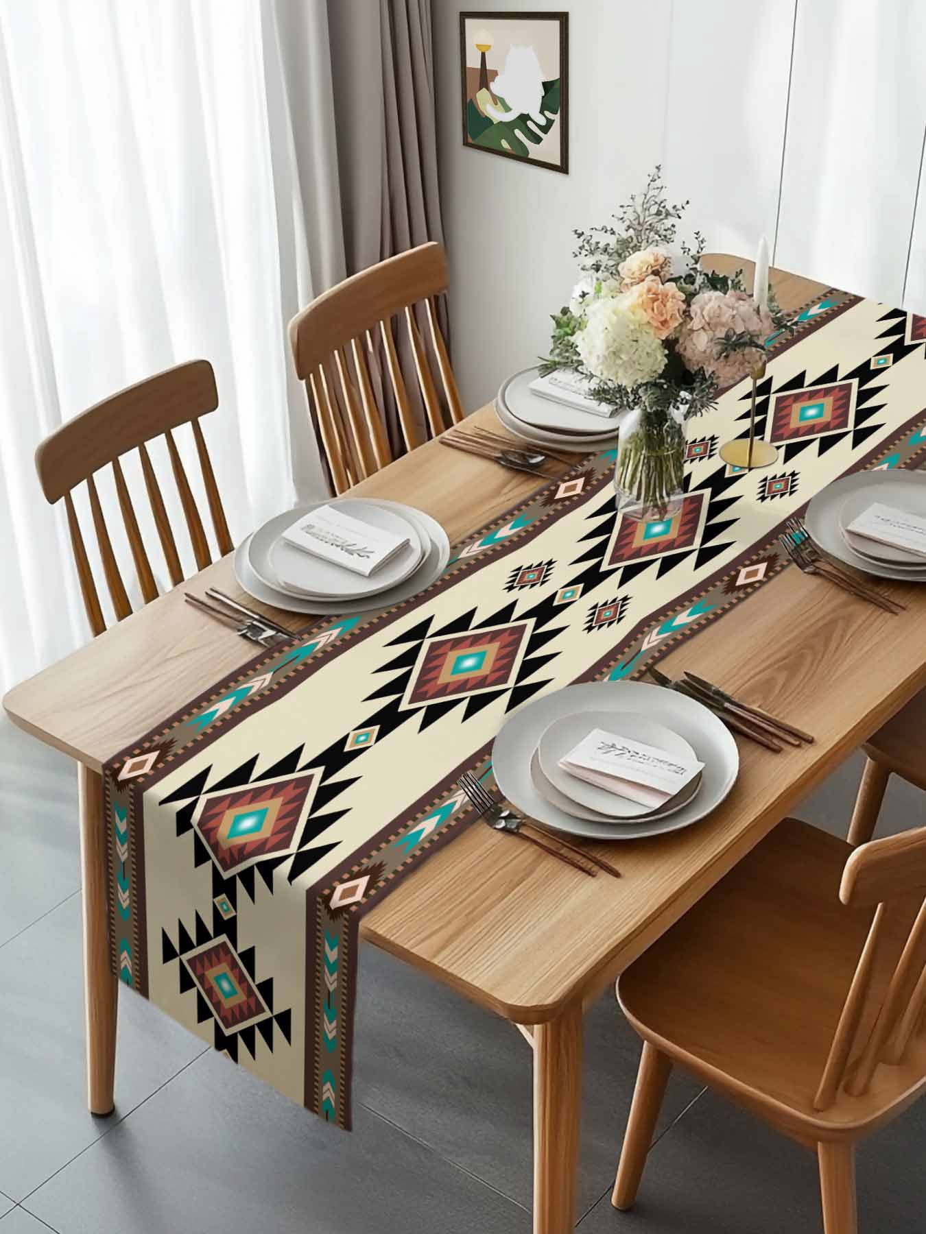Brown Aztec Ethnic Art Table Runner 90 Inches Long, Retro Tribal Brown Texture Table Runners Tabletop Scarf Kitchen Dining Tables Decoration for Home Party Indoor Outdoor