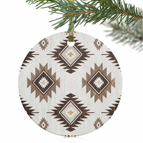Brown Aztec Ethnic Style Christmas Ceramic Ornament 2025,3" Round Xmas Tree Hanging Accessories with Gold Ribbon