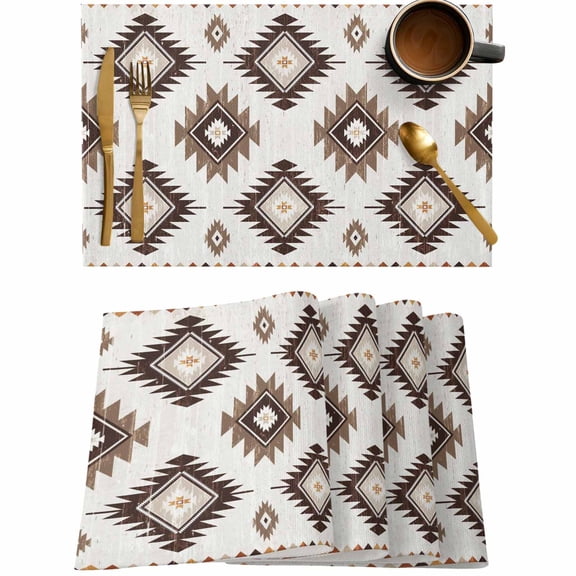 Brown Aztec Ethnic Style Placemats Set of 4,Wipeable Washable Table Mats for Dining Tables,Country Farmhouse Bohemian Place Mats for Kitchen Event Party Tabletop Decor