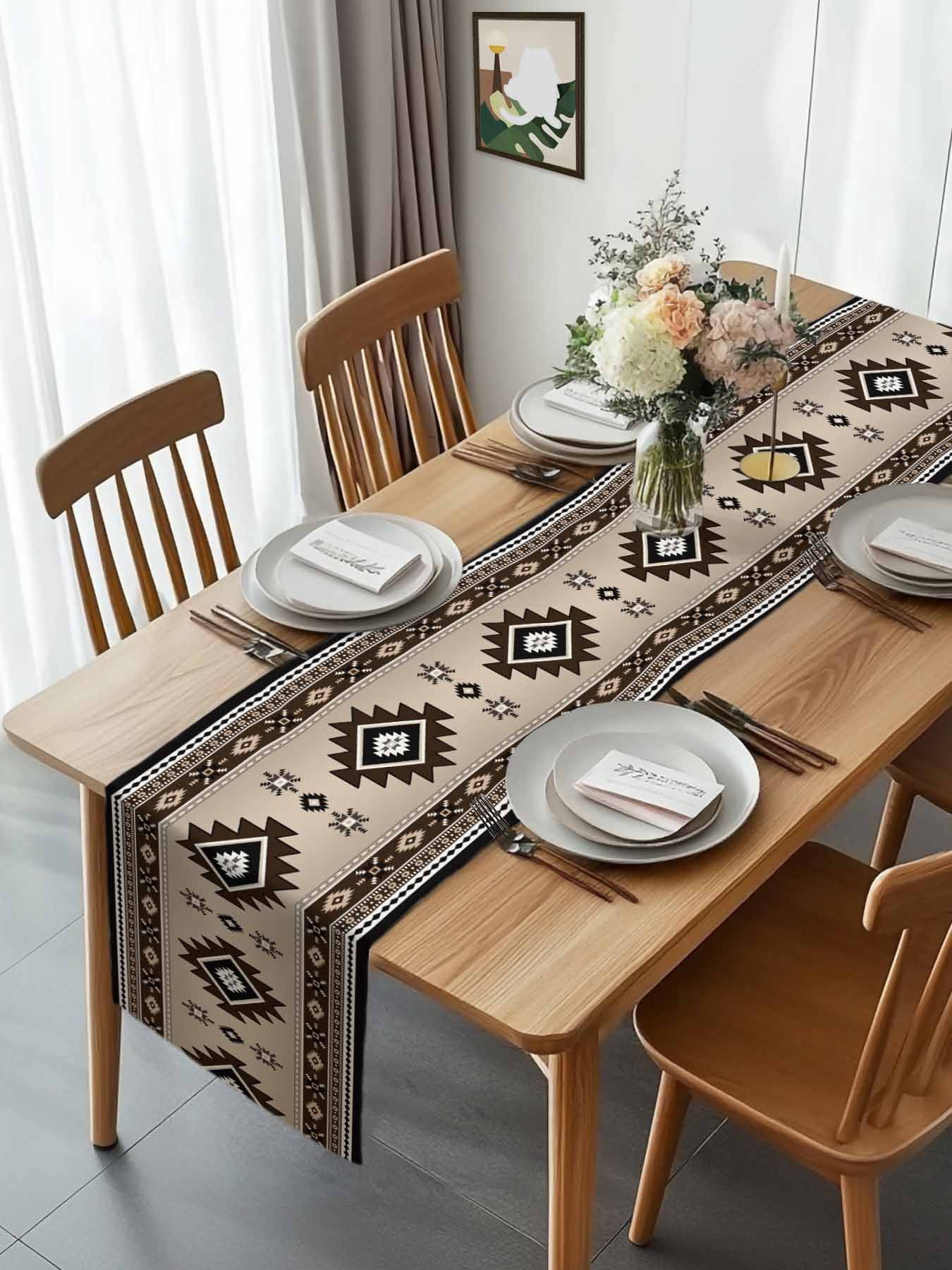 Brown Aztec Ethnic Style Table Runner 90 Inches Long, Retro Bohemian Stripes Table Runners Tabletop Scarf Kitchen Dining Tables Decoration for Home Party Indoor Outdoor