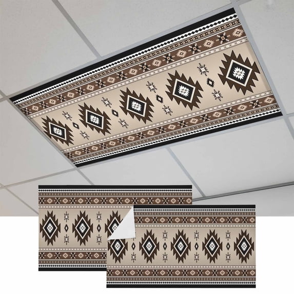 Brown Aztec Fluorescent Light Covers, Boho Southwest Ethnic Neutral Motifs Magnetic Light Covers for Ceiling Lights, Fluorescent Ceiling Shade Filters for Classroom Bedroom Office 4x2Ft x 2PCS