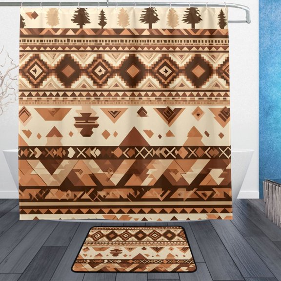 Brown Aztec Geometric Pattern Bathroom Accessory Sets Waterproof Shower Curtain with Absorbent Non-Slip Rug