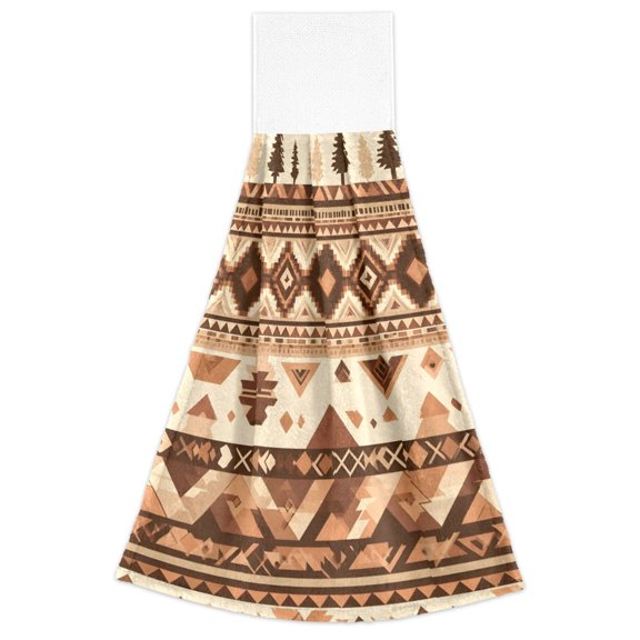 Brown Aztec Geometric Pattern Hand Towels 2 Pack Quick Dry Velvet Soft with Velcro Kitchen Bath 14x18in