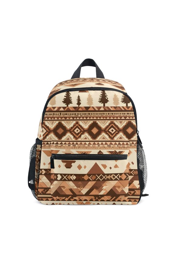 Brown Aztec Geometric Pattern Mini Backpack Cute Small Backpack with Chest Strap and Whistle Ages 3-8