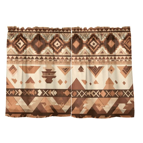 Brown Aztec Geometric Pattern Tier Curtain Set of 2 Kitchen Curtains 27x24 Inch Privacy Semi Sheer