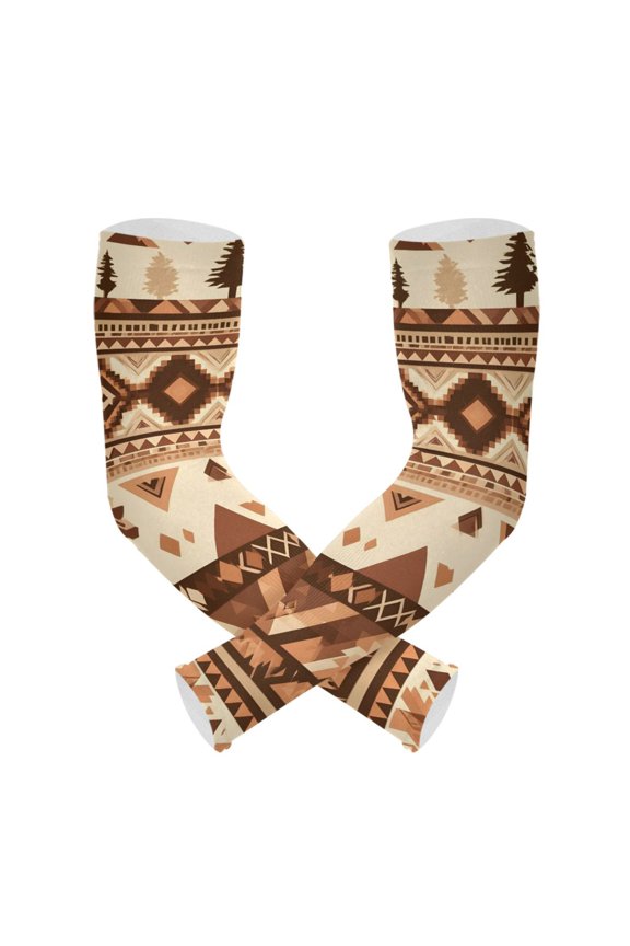 Brown Aztec Geometric Pattern UV Protection Cooling Arm Sleeves, Compression Sun Sleeves for Men Women Sports