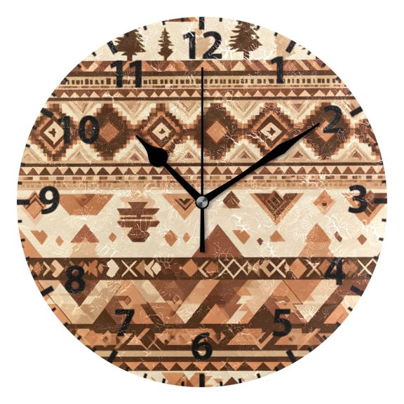 Brown Aztec Geometric Pattern Wall Clock 10in Round Artistic Oil Painting Home Decor Desk Table Clock