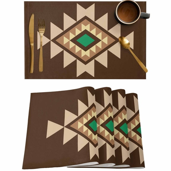 Brown Aztec Lattice Geometric Placemats Set of 4,Wipeable Washable Table Mats for Dining Tables,Ethnic Style Place Mats for Kitchen Event Party Tabletop Decor