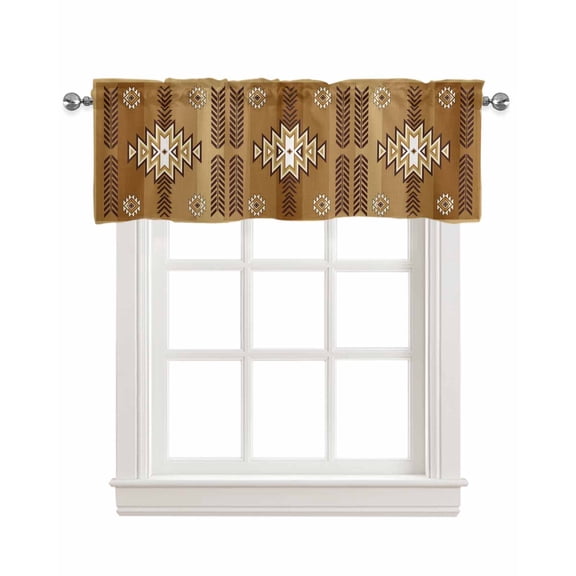 Brown Aztec Linen Curtain Valance for Bedroom/Bathroom/Kitchen/Living/Dining Room Window,Southwest Geometric Antique Oriental Farmhouse Mexican Pocket Topper Drapes Decorative Cafe Drapery 42"x12"