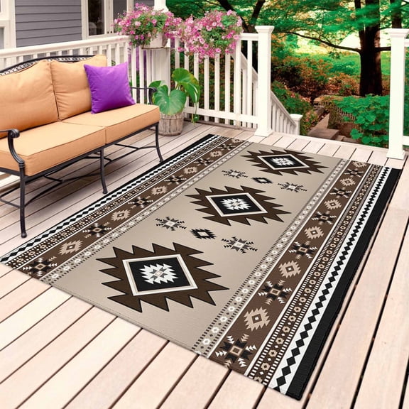Brown Aztec Outdoor Rug 3x5 Ft, Non Slip Washable Area Rug, Boho Southwest Ethnic Neutral Motifs Patio Rugs Carpet Runner, Large Floor Mat for Indoor/Outdoor Deck Porch Camping