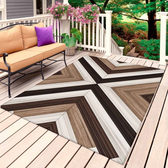 Brown Aztec Outdoor Rug for Patio/Deck/Porch, Non-Slip Large Area Rug 4 x 6 Ft, Abstract Southwest Black Vintage Wood Grain Indoor Outdoor Rugs Washable Area Rugs, Camping Rug Carpet Runner
