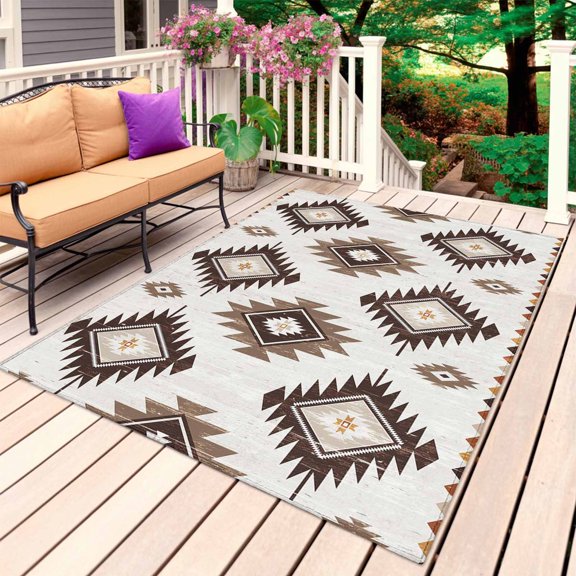 Brown Aztec Outdoor Rug for Patio/Deck/Porch, Non-Slip Large Area Rug 6 x 9 Ft, Southwest Boho Tribal Country Motifs Art Indoor Outdoor Rugs Washable Area Rugs, Reversible Camping Rug Carpet Runner