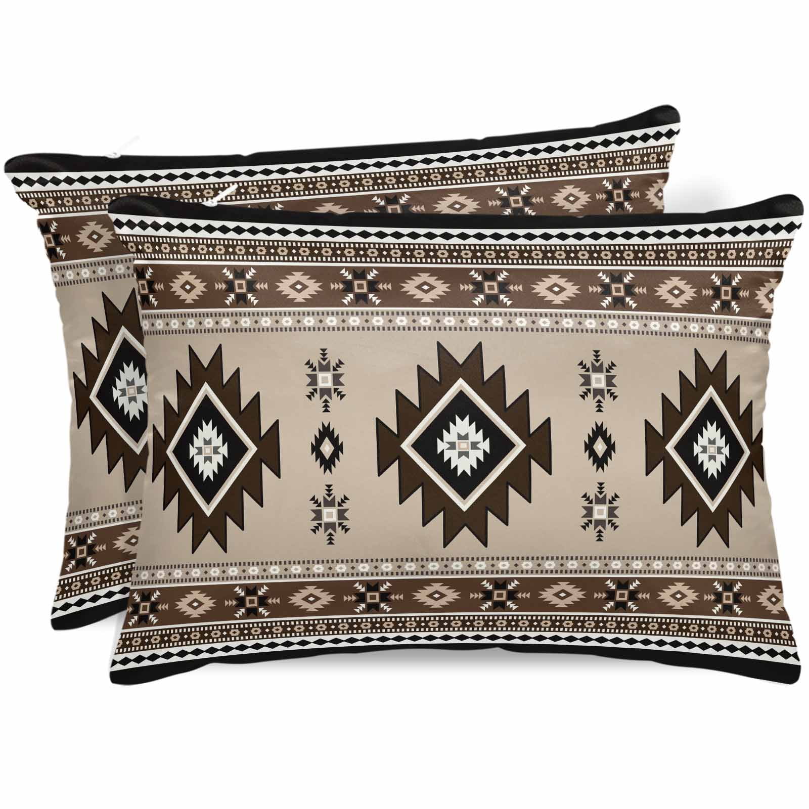 Brown Aztec Pillow Cases King Size Set of 2, Smooth Satin Pillowcase for Hair and Skin, Boho Southwest Ethnic Neutral Motifs Decorative Cooling Bed Pillow Covers with Zipper, 20x36 Inches