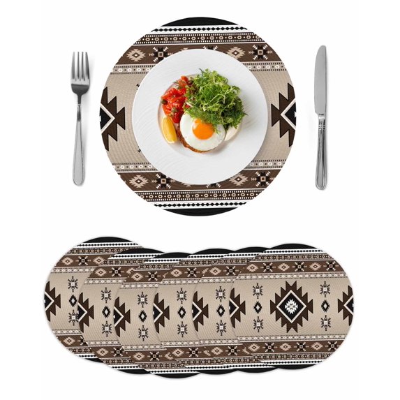 Brown Aztec Round 13 Inch Placemats Set of 6, Boho Southwest Ethnic Neutral Motifs HeatResistant Non Slip Place Mats for Dining Table, Wipeable Braided Kitchen Table Mats for Housewarming